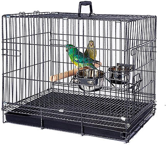 Metal Foldable Bird Parrot Travel Vet Carrier Cage with Wooden Perch and Stainless Steel Dishes Prevent Beaks Out