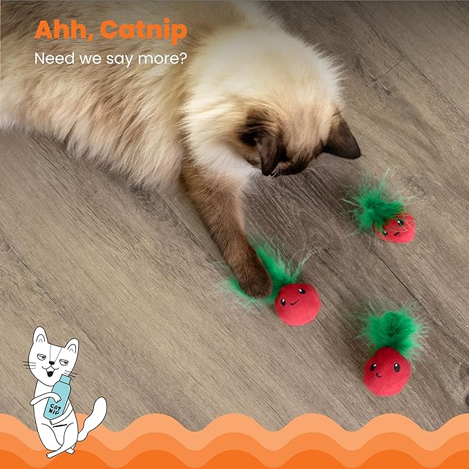Catstages Strawbabies 3-Pack Catnip Cat Toys for Dental Health, Feather & Crinkle Teething Toys for Kittens and Indoor Cats, Interactive Play, Pink