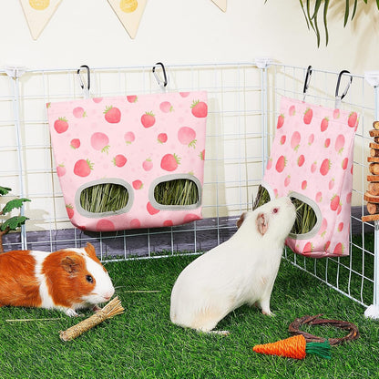 Glittme 2 Pack Guinea Pig Hay Feeder, 11.5x9 Inch Hay Bag for Rabbits, Hanging Hay Holder for Guinea Pigs Cage Hay Feeder for Bunny, Small Pets,Pink Strawberry