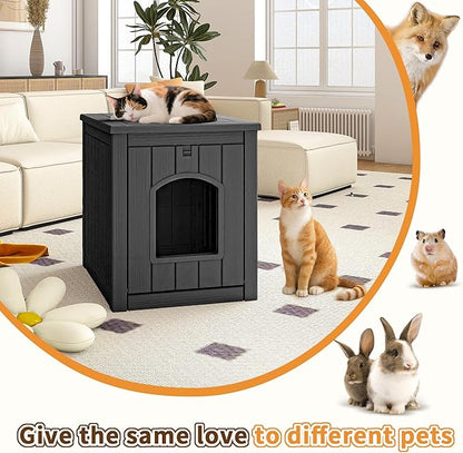 VIXZEN Cat House Resin Outdoor Cat House with Flip Lid Elevated Raised Floor Waterproof Easy Access Easy Assembly Easy to Clean Cat Houses for Outdoor Cats,Black