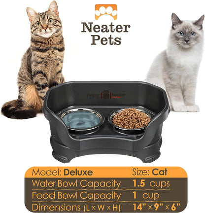 Neater Feeder Deluxe Mess Proof Cat Bowls Elevated for All Breeds – Made in USA – No Spill Raised Bowls for Indoor Cats – Stainless Steel Food and Water Bowl Set, Pet Dish Feeding Station, Black