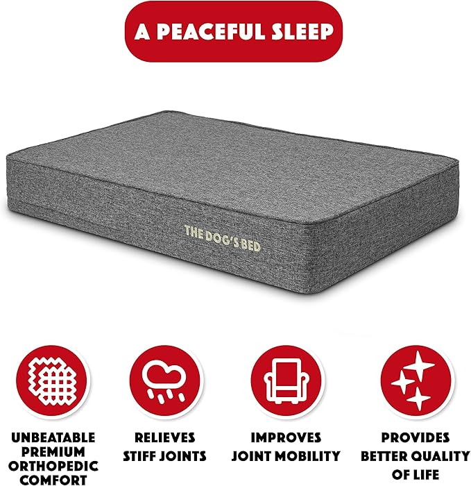 The Dog’s Bed Orthopedic Memory Foam Dog Bed, Large Grey Linen, Pain Relief for Arthritis, Hip & Elbow Dysplasia, Post Surgery, Lameness, Supportive, Calming, Waterproof Washable Cover