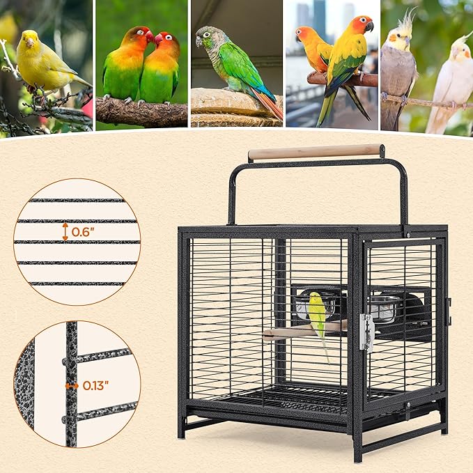 Yaheetech 25.5'' Wrought Iron Bird Travel Carrier Cage Parrot Cage with Handle Wooden Perch & Seed Guard for Small Parrots Canaries Budgies Parrotlets Lovebirds Conures Cockatiels