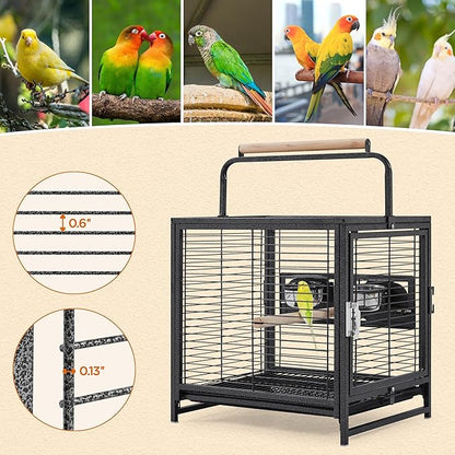 Yaheetech 25.5'' Wrought Iron Bird Travel Carrier Cage Parrot Cage with Handle Wooden Perch & Seed Guard for Small Parrots Canaries Budgies Parrotlets Lovebirds Conures Cockatiels
