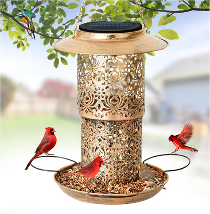 XDW-GIFTS Bird Feeder for Outdoors Solar Hanging Bird Feeder Bird House with Cardinal Feeder Large Capacity Metal Wild Bird Feeder for Garden Decor Unique Gifts & Patio Decor (Bronze, 10.5 INCH)