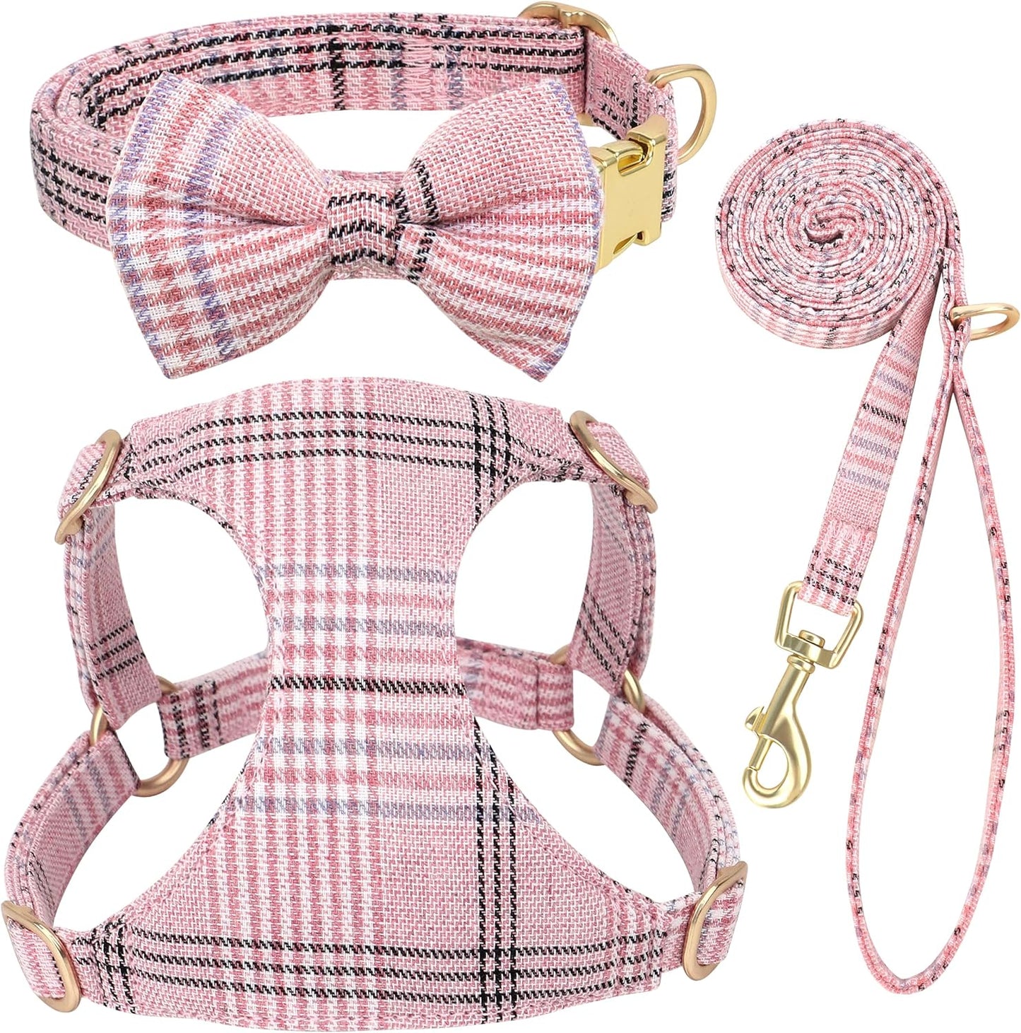 Beirui Cute Extra Small Dog Harness Collar and Leash Set with Bowtie, Soft Adjustable Plaid Puppy Harness for Small Sized Dogs Cats Walks Parties and Photoshoots(Pink,XS:Chest 13-18")