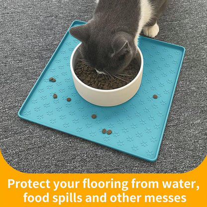 Ptlom Dog Food Mat Anti-Slip Bowl Mats for Food and Water, Waterproof Silicone Pet Placemat with High Raised Edges, Non-Slip Puppy Feeding Tray for Small, Medium Large Cats Dogs, Blue, 11.8"x11.8"