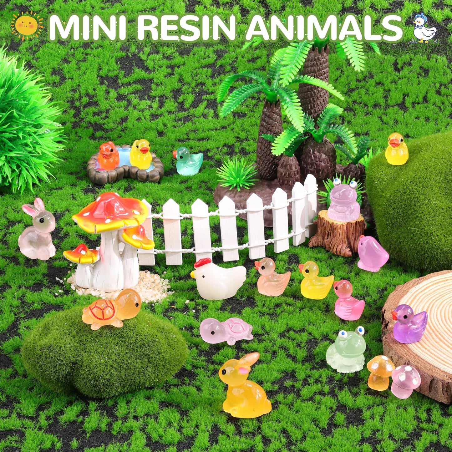 110PCS Mini Resin Animals Tiny Cute Figurines Glow in Dark, Miniature Figures to Hide, Little Animal Toys Small Accessories for Topper Desk Garden Dollhouse Landscape Aquarium Ornaments Crafts & Decor