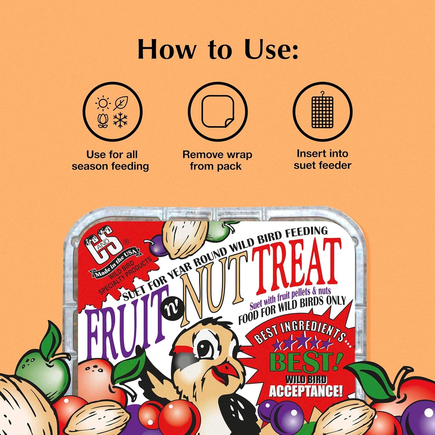 C&S Fruit n’ Nut Suet Treat, Suet Cakes for Wild Birds Including Robins, Blue Jays, Bluebirds, Tanagers, Thrushes and More, 8 Pack