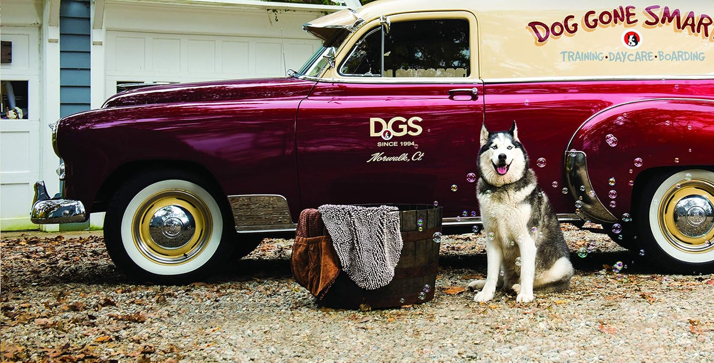 Dog Gone Smart The Dirty Dog Shammy - Fast Drying Plush Shammy Towel with Dual Hand Pockets and Elastic - Super Absorbent Microfiber and Machine Washable - Grey