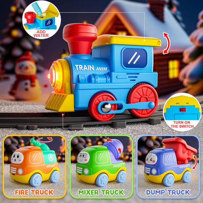 Funwee Steam Track Train Set for Toddlers, Magnetic Connection Train Toys w/Lights & Sounds, Electric Cartoon Choo Choo Train, Toy Train Christmas Birthday Gift for Toddlers 2 3 4 5+ Boy Girl (Blue)