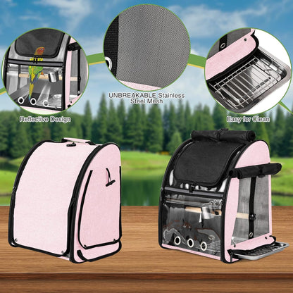 Sanmoncare Bird Carrier Backpack with Stainless Steel Mesh, Parrot Travel Cage with Stand, Easy to Clean, Portable Conures Travel Bag, Pet Breathable Travel Cage