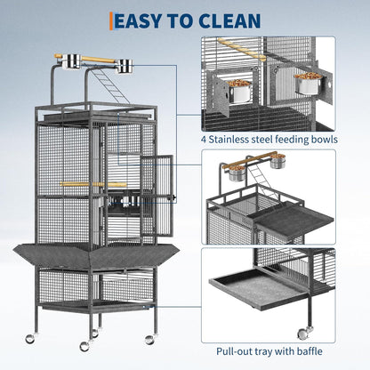 61 Inch Large Bird Cage Rolling Wrought Iron Parrot Cage with Play Top & Bowls for Mid-Sized Parrots Cockatiels Conures Parakeets Lovebirds Budgie Finch Dark Grey