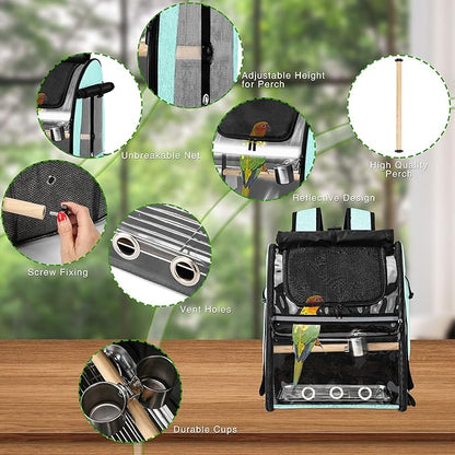 SUERTREE Bird Carrier Bag with Indestructible Stainless Steel Mesh, Bird Travel Cage with Stand, Easy to Clean Backpack for Parrot, Portable Bird Travel Bag, Green