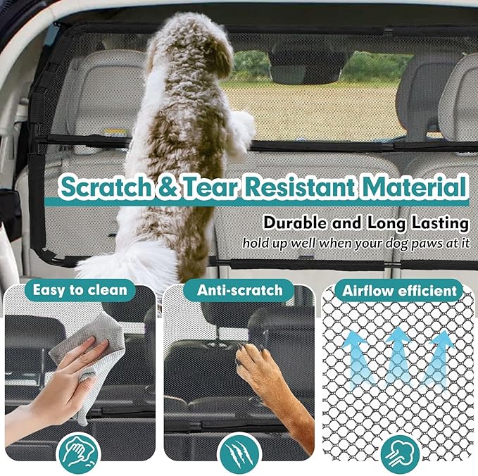 Dog Car Barrier Escape-Proof, 46" Wide Car Divider for 3rd Row Seats & Cargo Area, Durable Cargo Area Dog Car Gate Trunk Barrier with See Through Net Mesh for Small Sized SUV & Vehicles Or Hatchback