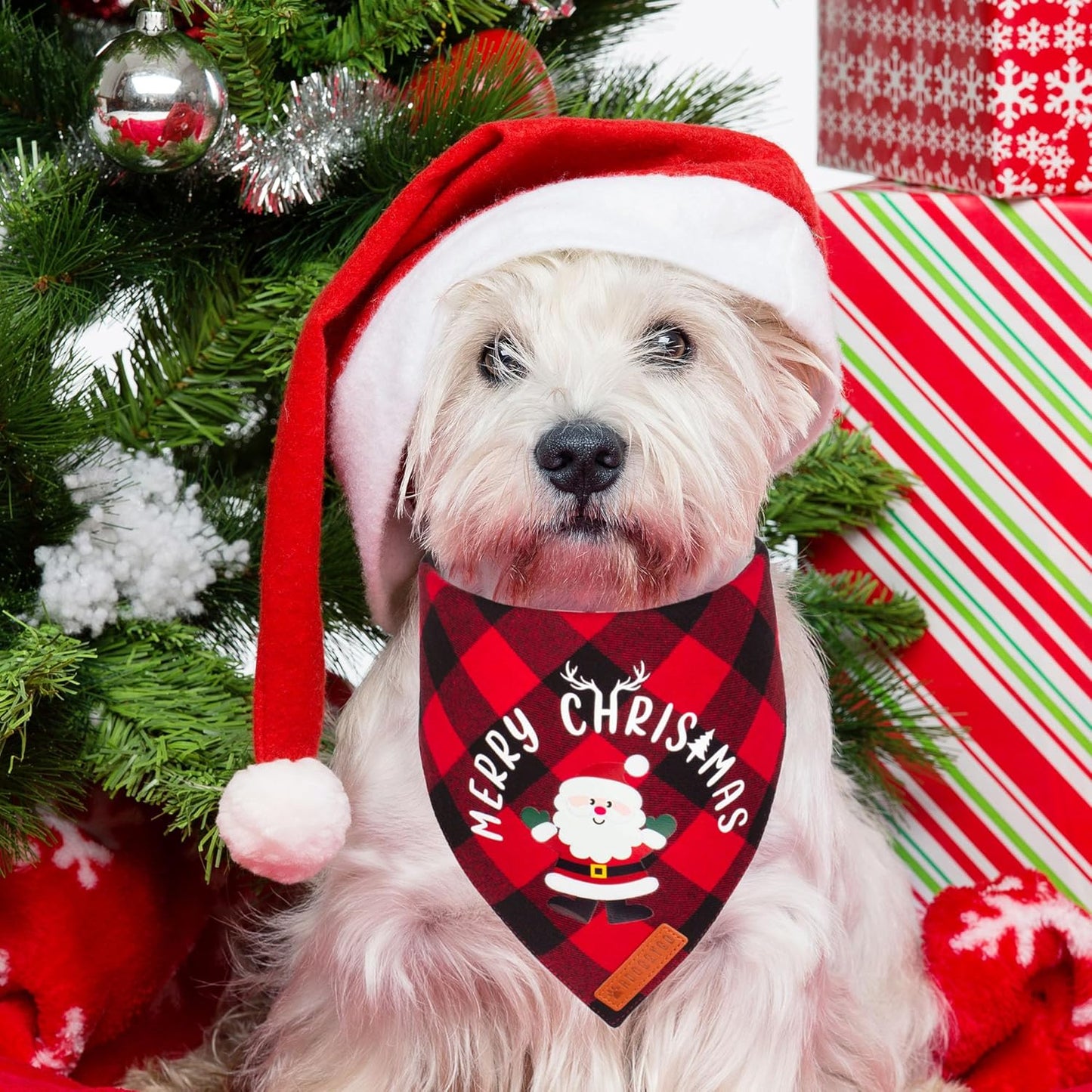 ADOGGYGO Christmas Dog Bandanas, Red Green Plaid Pet Scarf, Premium Cotton Fabric, Xmas Santa Snowman Christmas Bandanas for Small Dogs Pets (Small)