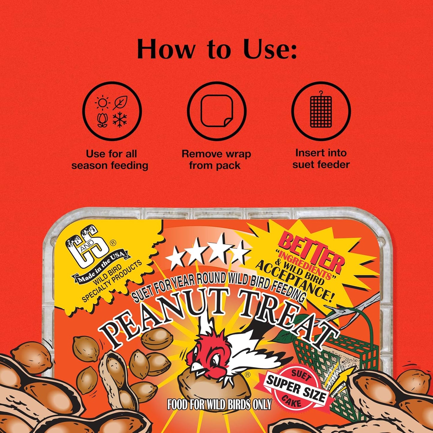 C&S Peanut Suet Treat, Suet Cakes for Wild Birds, 11 Ounces, Pack of 8