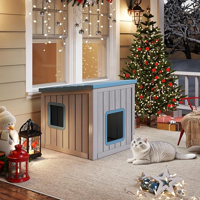 Outdoor Cat House, Cat Houses for Outdoor Indoor Cats, Clawsable Cat House Weatherproof, Feral Cat Shelter, Resin Insulated Material, Emergency Exit Easy to Clean and Install, Blue
