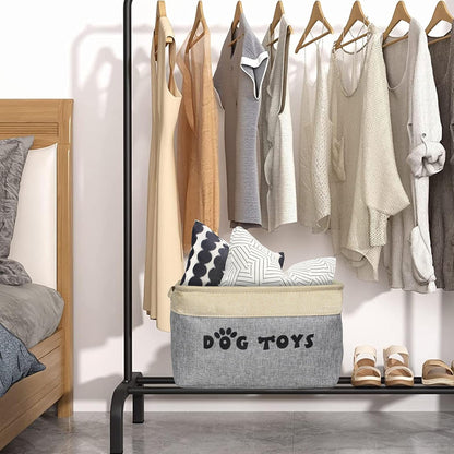 PET ARTIST Dog Toy Basket, Collapsible Dog Toy Bin Box with Comfortable Handles, Large Pet Toy Storage Basket Organizer for Accessories, Toys, Coat & Clothing, Blanket & Leash, Gray, 15"x11"x9"