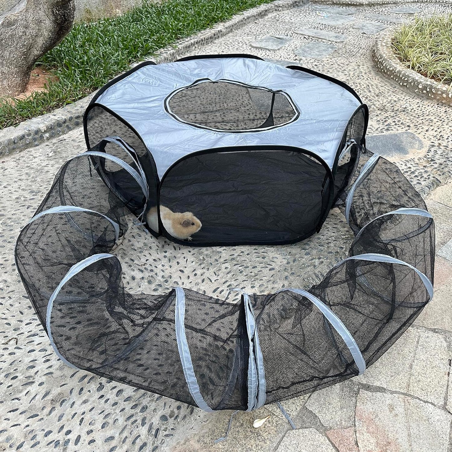 Small Animal Playpen with Tunnel–Pop-up Guinea Pigs Play Pen Foldable Outdoor and Indoor Pet Tent for Rabbits, Chinchillas and Ferrets