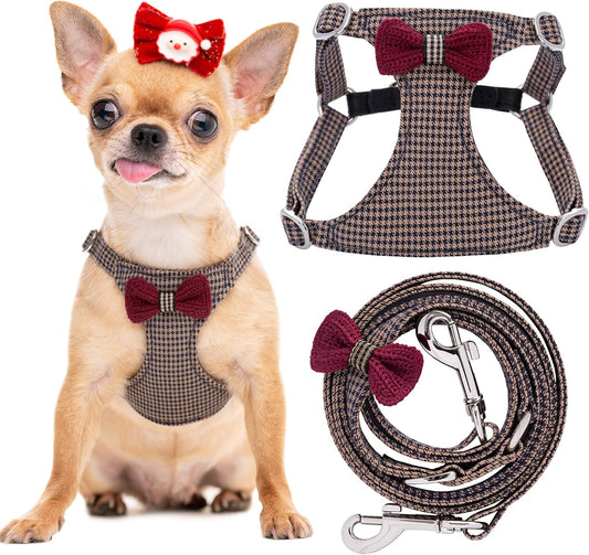 Puppytie No Pull xs Dog Harness with Multifunction Dog Leash,Soft Adjustable No Choke Escape Proof Pet Harness Vest,Knitted Brown,XXS