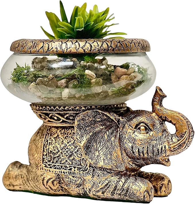 Good Luck Elephant Glass Bowl – Gold Antiqued Decorative Figurine with Removable Glass Bowl – Terrarium, Candle Holder, or Tabletop Aquarium – Polyresin Home Décor with Gift Box