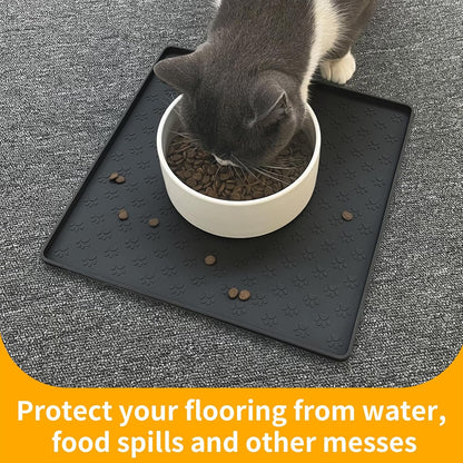Ptlom Pet Placemat for Dog and Cat, Waterproof Non-Slip Silicone Feeding Bowl Mat Prevent Food and Water Overflow, Puppy Dish Feeder Fountain Trays Suitable for Medium and Small Pets, Black