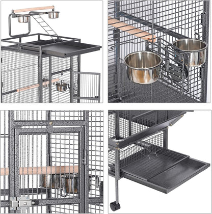 HSM 62 Inch Wrought Iron Large Bird Flight Cage with Rolling Stand for African Grey Parrot Cockatiel Sun Parakeet Conure Lovebird Canary…