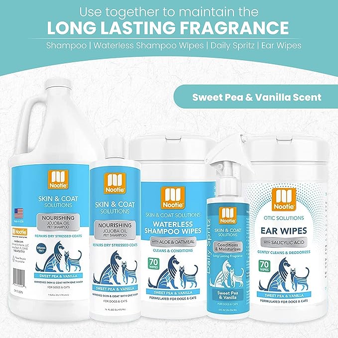 Nootie Waterless Shampoo Wipes for Dogs & Cats - Value Pack, 210 Count - Long Lasting Sweet Pea Vanilla Fragrance - Sold in Over 10,000 Vet Clinics and Pet Stores Worldwide, Made in USA