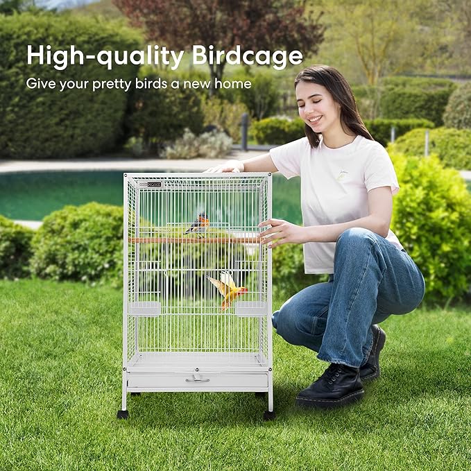 VIVOHOME 30 Inch Height Wrought Iron Bird Cage with Rolling Stand for Conures Lovebirds Cockatiels Finches, White