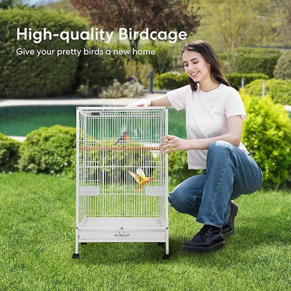 VIVOHOME 30 Inch Height Wrought Iron Bird Cage with Rolling Stand for Conures Lovebirds Cockatiels Finches, White