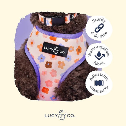 Lucy & Co. Purple with Coral Floral Wave, Cute Reversible Dog Harness Walking Halter - Best Designer Pet Harnesses for XS - XL Dogs - Padded Adjustable Vest for Easy Walking (Large)