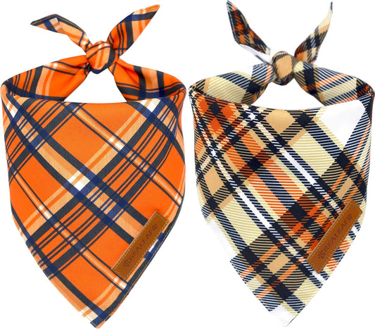 Realeaf Fall Dog Bandanas 2 Pack, Reversible Orange Plaid Holiday Pet Scarf for Boy and Girl, Premium Durable Fabric, Halloween Thanksgiving Bandana for Small and Medium Dogs (Small)