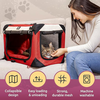 Medium Cat & Dog Carrier for Most Cats or Small Dogs, Soft-Sided, Collapsible with Locking Zippers, Portable Travel Bag with Soft Bed, Red