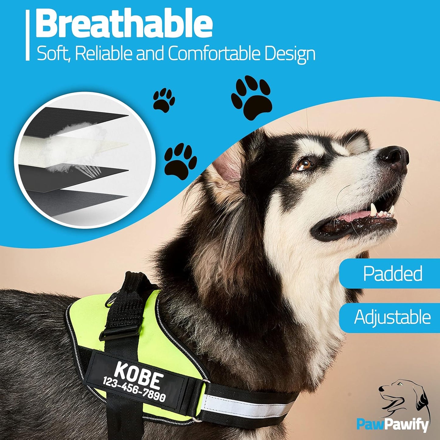 PawPawify Custom No Pull Dog Harness with Name and Phone Number, Heavy Duty Personalized Pet Vest to Prevent Tugging, Pulling, or Choking, Training and Walking (Green, M (Chest 20-24in))