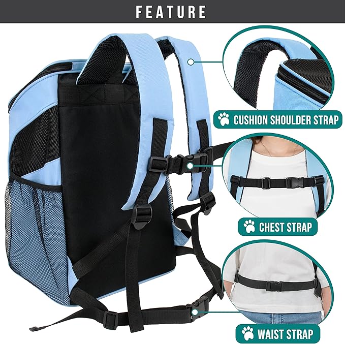 PetAmi Small Dogs and Cat Backpack Carrier, Airline Approved Pet Backpack Carrier, Ventilated, Safety Strap, Buckle Support Designed for Hiking Travel Camping Outdoor, Max 18 lbs (Light Blue)