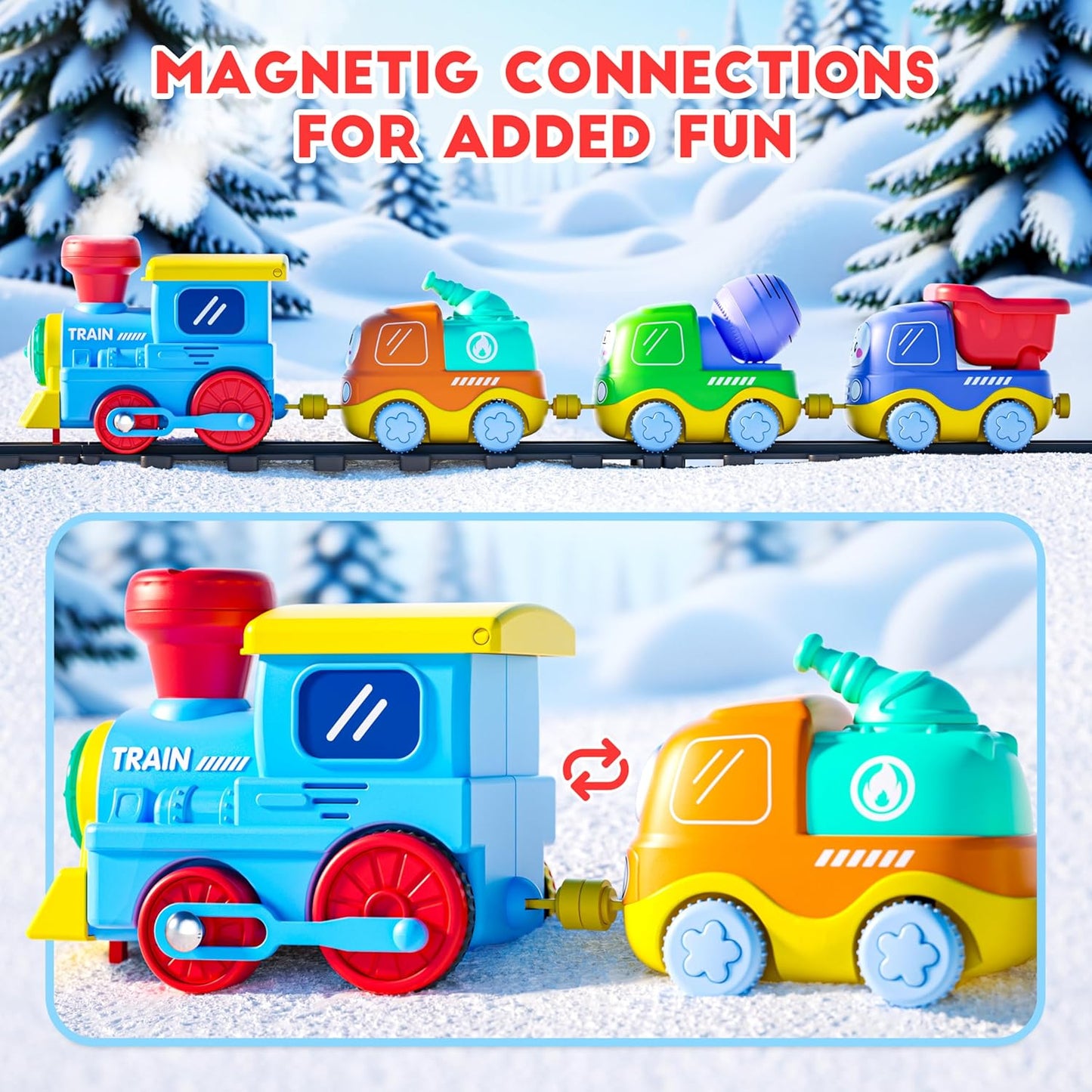 Funwee Steam Track Train Set for Toddlers, Magnetic Connection Train Toys w/Lights & Sounds, Electric Cartoon Choo Choo Train, Toy Train Christmas Birthday Gift for Toddlers 2 3 4 5+ Boy Girl (Blue)