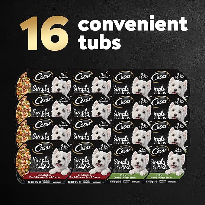 Cesar Simply Crafted Adult Wet Dog Food Meal Topper, Chicken, Carrots & Green Beans and Beef, Chicken, Purple Potatoes, Peas & Carrots Variety Pack, 1.3 oz. (16 Count, Pack of 1)