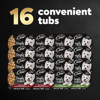 Cesar Simply Crafted Adult Wet Dog Food Meal Topper, Chicken, Carrots & Green Beans and Beef, Chicken, Purple Potatoes, Peas & Carrots Variety Pack, 1.3 oz. (16 Count, Pack of 1)