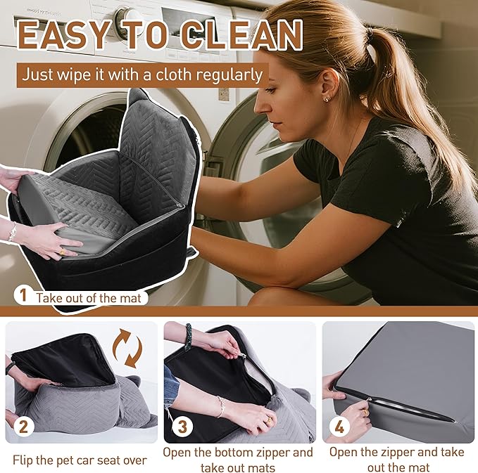 Dog Car Seat for Small Medium Dog up to 30 lbs with Waterproof PU Cover Pet Car Booster Seat with Memory Foam for Travel, Black, 2 Safety Belt