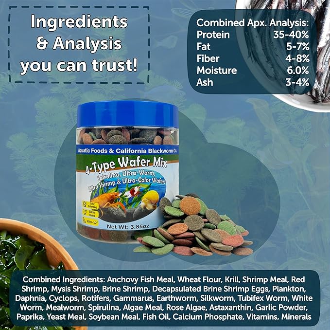 Aquatic Foods Inc. 4-Type 12mm - 1/2" Sinking Wafer Mix of Spirulina-Algae, Ultra-Worm, Shrimp, Color Enhancing for Shrimp, Snails, Crabs, Crayfish, Bottom Fish, 12-Type Pellet Mix Included...1-lb 6oz