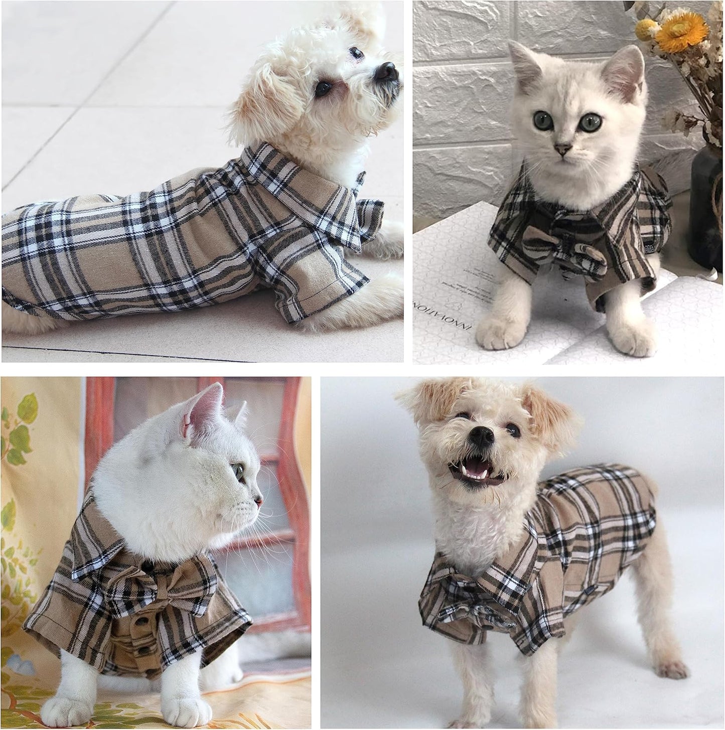 Plaid Dog Shirt,Soft Casual Pet Shirt Clothes, Dog Cotton Shirt with Bow Tie for Wedding,Christmas Costumes (Dark Khaki, 3X-Large)