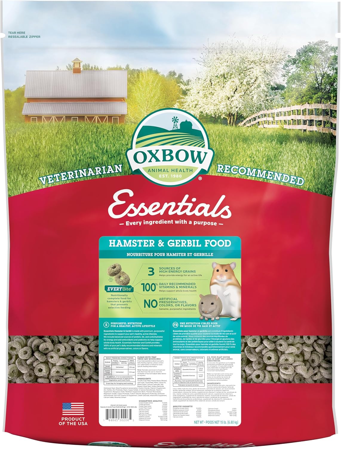 Oxbow Essentials Hamster and Gerbil Food – Complete Daily Diet with Vitamins & Minerals, High-Fiber Uniform Pellets for Balanced Nutrition, Vet-Formulated Small Animal Food, 15 lb, Made in USA