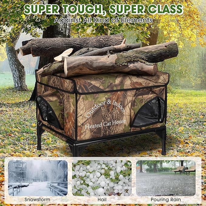 Heated Cat House for Outside Cat in Winter, Insulated Outdoor Feral Cat Shelter with Cat Heating Pad, 2 Doors,Elevated Waterproof Heated Kitty House (Camouflage, 21.5"x16.5"x18")