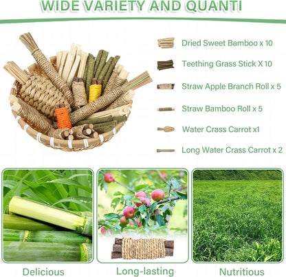 Rabbit Toys 33Pcs, Natural Hay Hamster Chew Toys for Teeth, Handmade Dried Sweet Teething Grass Sticks Watercress Carrot for Chinchillas Bunny Small Animals