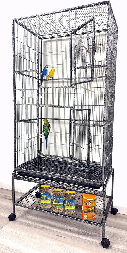 Extra Large 32" x 19" x 67.5"H Wrought Iron Tight Bar Spacing Breeding Flight Canary Parakeet Cockatiel Lovebird Finch Breeder Cage Side Doors Double Feeder Cup with Detachable Rolling Stand