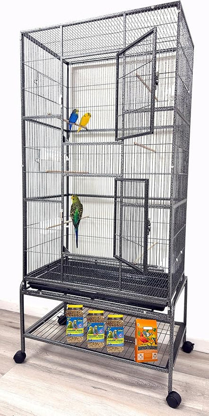 Extra Large 32" x 19" x 67.5"H Wrought Iron Tight Bar Spacing Breeding Flight Canary Parakeet Cockatiel Lovebird Finch Breeder Cage Side Doors Double Feeder Cup with Detachable Rolling Stand