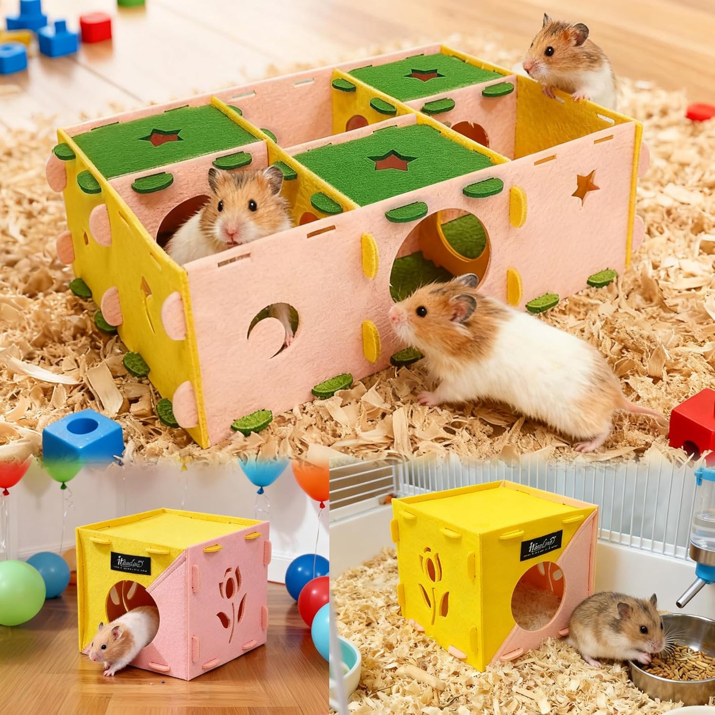3pcs Hamster Maze Tunnel & Toys, Hamster Hideout with Plush Pads, Interactive Play Tube & Resting System for Rats, Guinea Pig, Ferrets, Chinchillas