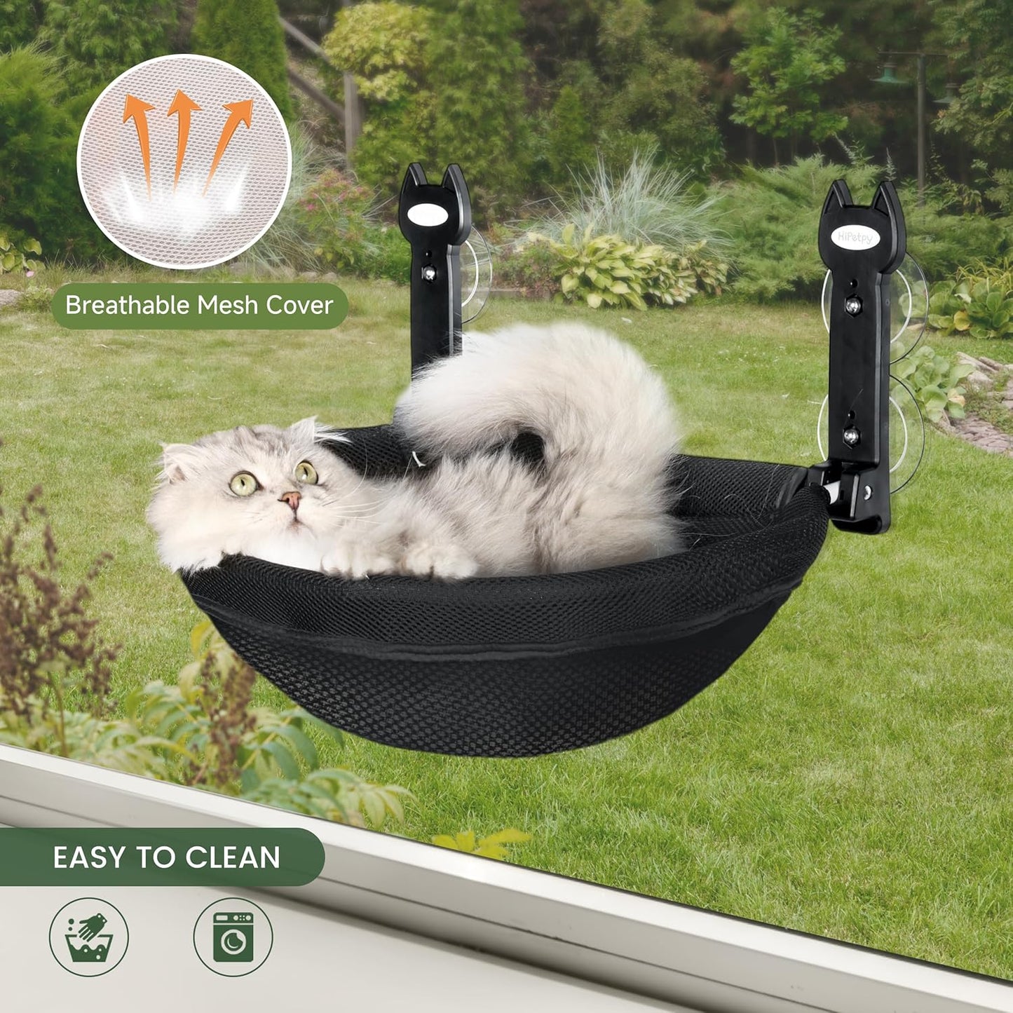 Cat Window Perch, Foldable Cat Hammock with Sunken Design, Breathable Cordless Window Bed with Stud Metal Frame for Large Cats and Kitten (Black Deep Perch, Medium)
