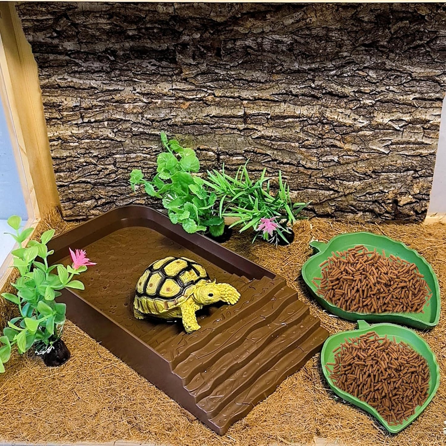 3 PCS Reptile Water Dish with Climbing Ramp, Leaf Reptile Water Bowl, Amphibians Habitat Brown Tortoise Water Dish for Turtle, Gecko, Snake, Bearded Dragon, Lizard